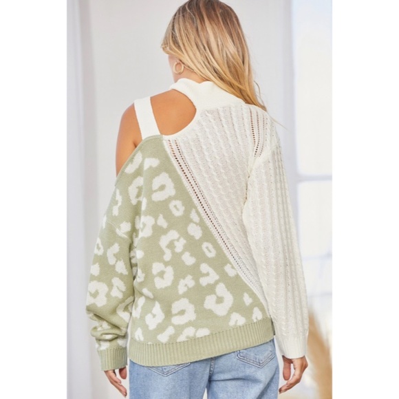 SOLD OUT Sage Leopard Print Cable Knit Long Sleeve Cold Shoulder Buckle Sweater - Picture 5 of 6